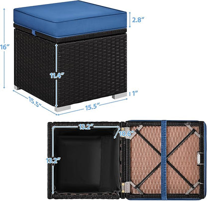Yaheetech Wicker Ottomans, Set of 2 Patio PE Rattan Side Tables with Hidden Storage & Removable Cushion, Outdoor/Indoor Footstools, Additional Seating for Garden/Balcony/Yard, Brown/Dark Blue