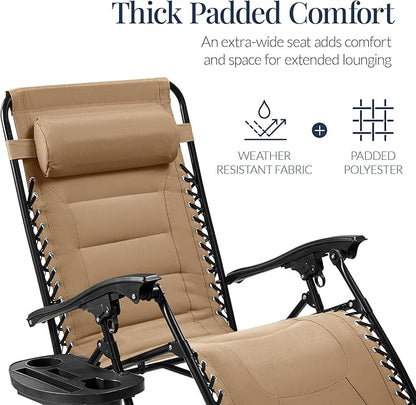 Best Choice Products Oversized Padded Zero Gravity Chair, Folding Outdoor Patio Recliner, XL Anti Gravity Lounger for Backyard w/Headrest, Cup Holder, Side Tray, Polyester Mesh - Beige