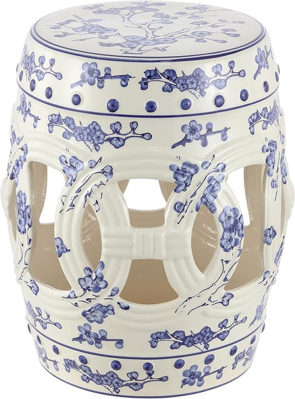 Decorative Garden Stool, Blue and White Ceramic, 16.5-Inch Tall