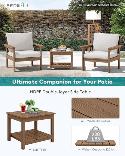 SERWALL HDPE Patio Sofa Set, 3-piece Sectional Outdoor Furniture Set, All Weather Outdoor Couch Set Patio Furniture Set for Deck, Lawn, Brown Frame with Khaki Cushion