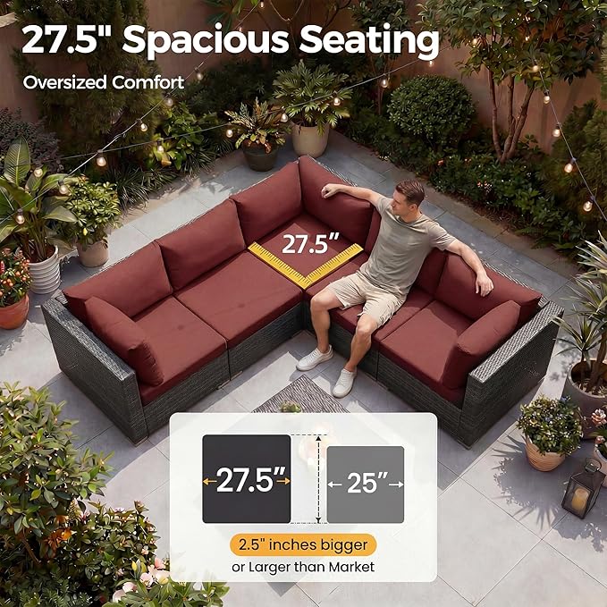 NICESOUL 9 Piece Plus Size Outdoor Patio Conversation Set with Firepit Natural Gas/Propane, 29.3'' High Back Modular Sectional Sofa Sets, Heavy Duty Backyard Furniture, 2 Color Cushion Red & Grey