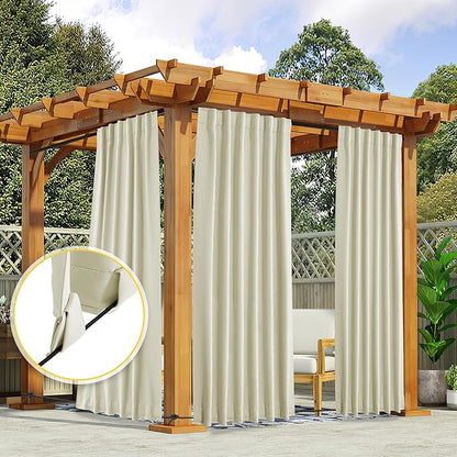 NICETOWN 2 Panels Outdoor Curtains Waterproof Pocket & Back Tab on Top & Bottom, Thermal Insulated Windproof Sun Blocking Outside Privacy Drapes for Patio with Fixed Rope, W52 x L95, Beige