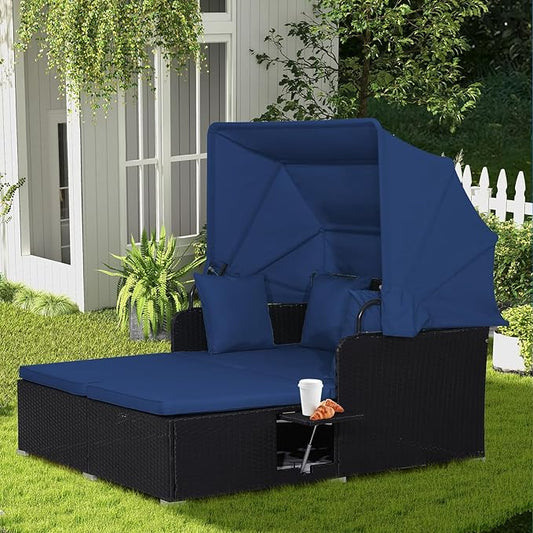 COSTWAY Outdoor Daybed with Retractable Canopy, Wicker Patio Furniture Set with Cushioned Pillows, Patio Rattan Daybed for Deck, Backyard, Poolside (Navy)