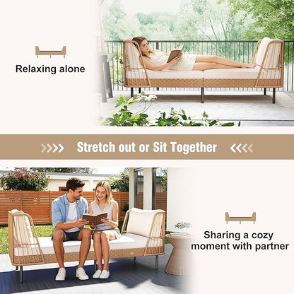 Tangkula Patio Rattan Daybed, Boho Outdoor Wicker Lounge Sofa with Seat & Back Cushions, 2-Seat Bench Sun Lounger Chair with Robust Metal Legs for Deck, Backyard, Porch, Poolside (1, Off White)