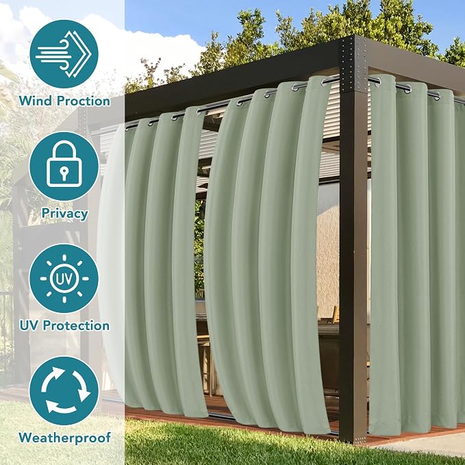 Outdoor Curtain Panels Waterproof Sage Green Patio Drapes 4 Panels 54x84 Inch