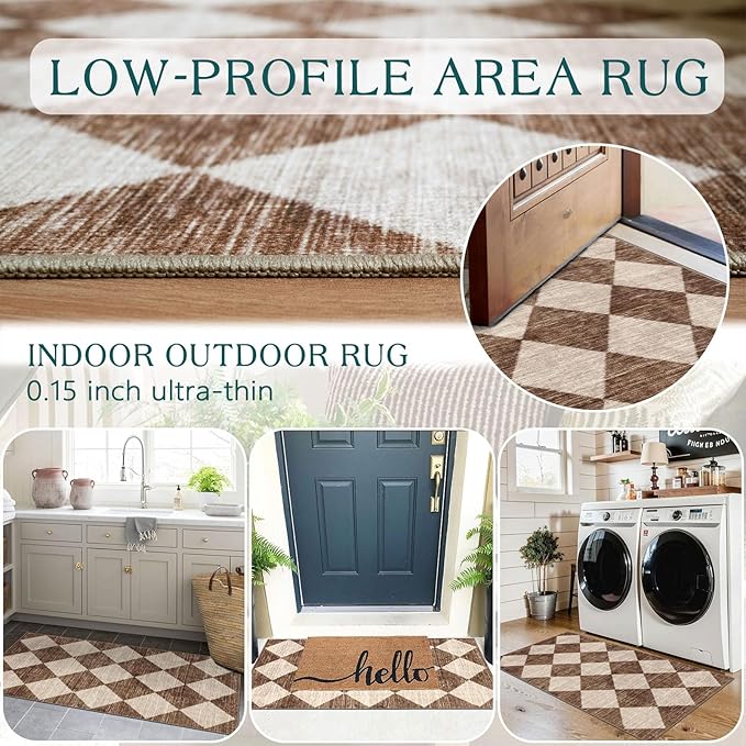 Outdoor Rug with Brown Beige Harlequin Pattern, 2 x 4.3 ft