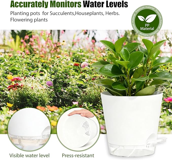 Plant Pots 5 Inch Self Watering Pots,6 Pack Plastic Planters with Drainage Holes and Clear Saucers,Plastic Flower Pots,Nursery Planting Pot for Indoor Out Door Plants (White)