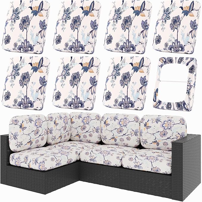 Cushion Covers 8-Piece Set, Vintage Flower, Stretch Fit Outdoor Patio