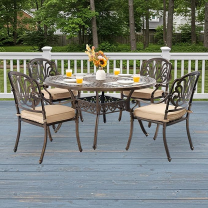 5-Piece Cast Aluminum Patio Furniture, Outdoor Dining Sets for 4 Include 54" Round Patio Dining Table and 4 Stackable Chairs with Cushions & Umbrella Hole (Bronze)