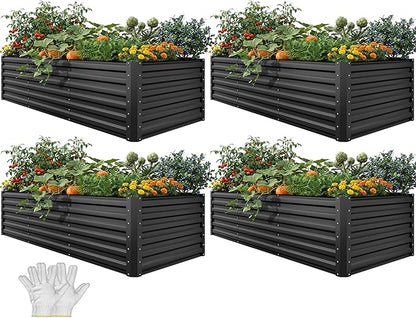 YITAHOME 8x4x2 ft 4pcs Galvanized Raised Garden Bed Kit, Large Metal Planter Box with Gloves, Safety Rubber & Support Rod, Outdoor Flower Bed for Plants Vegetables, Black