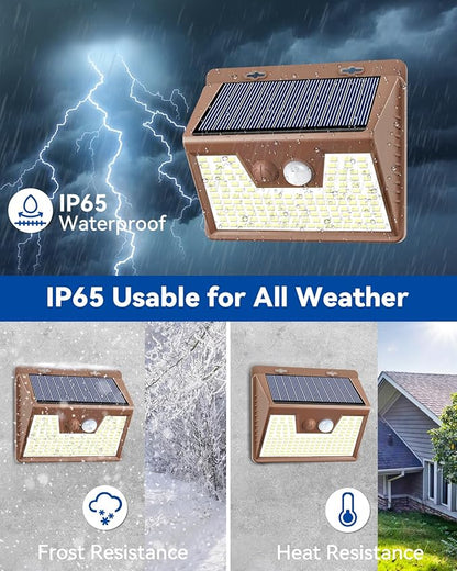 Peasur Solar Lights Outdoor Motion Sensor Waterproof, 3Pack 140LED Brown Solar Powered Fence Light, 3 Modes Security Wall Lights for Garden Yard Outside(Warm White)