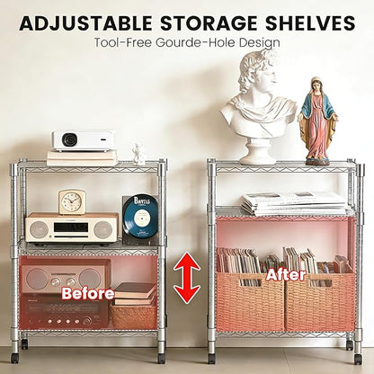 Xcity Storage Shelves, 3 Tier Heavy Duty Metal Shelving Unit with Wheels, 1050 LBS Capacity Adjustable Steel Wire Shelf Organizer for Pantry, Kitchen, Garage, 14" D x 24" W x 30" H, Chrome
