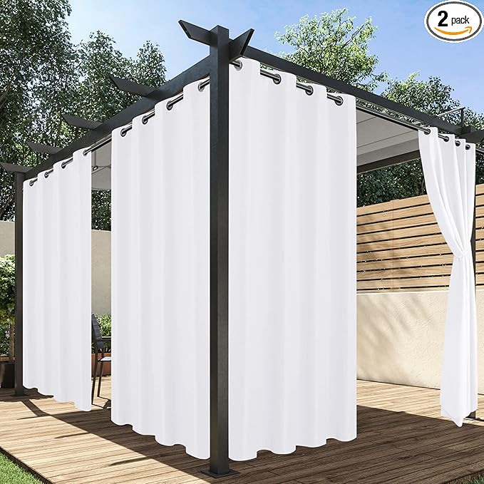 HolidayIdeas Outdoor Curtains for Patio Waterproof, 2 Panels - 84 x 95 Inch - Privacy Protection & Light Filtering Curtains Grommet Outside Curtains for Porch, Gazebo, Pergola, Backyard (White)