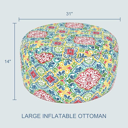 LVTXIII Indoor/Outdoor Extra Large Inflatable Ottoman Pouf D31 x H14 Inch, Round Footstool with Handle, Weather-Resistant Portable Furniture for Patio, Camping, Beach, Damask Red