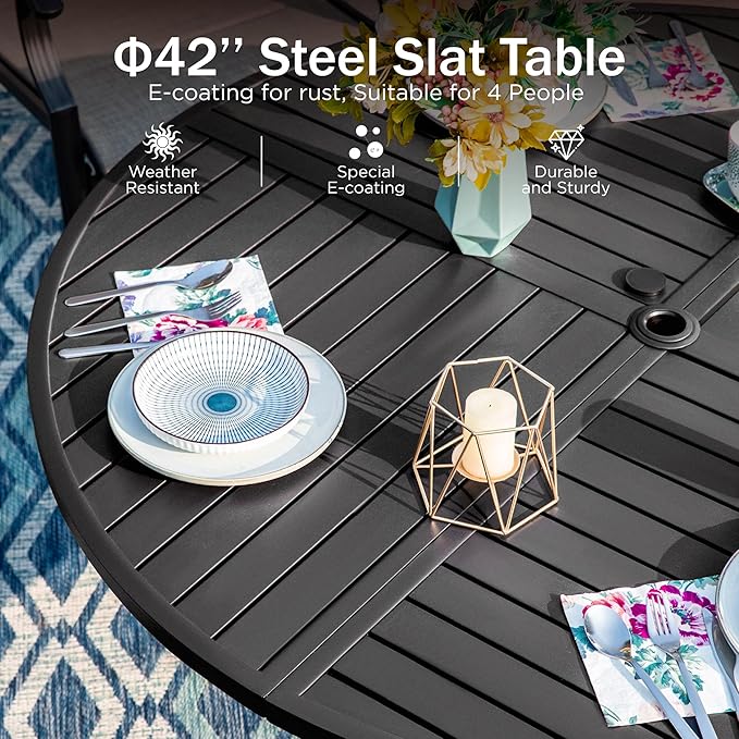PHI VILLA 5 Pieces Outdoor Dining Set for 4, 42" Round Black Metal Table with Umbrella Hole & Wrought Iron Chairs, Large Outside Furniture with Blue Cushions & Pillows for Patio, Deck, Porch
