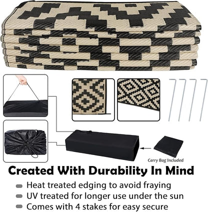 SAND MINE Reversible Mats, Plastic Straw Rug, Modern Area Rug, Large Floor Mat and Rug for Outdoors, RV, Patio, Backyard, Deck, Picnic, Beach, Trailer, Camping, Black & Beige, 10' x 14'