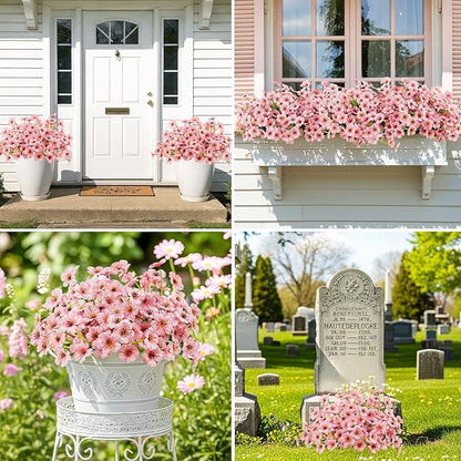 MACTING 24 Bundles Artificial Flowers for Outdoors Fake Flowers UV Resistant Faux Plastic Plants No Fade for Planters Window Box Patio Porch Garden Home Indoor Outdoor Spring Decorations,Pink