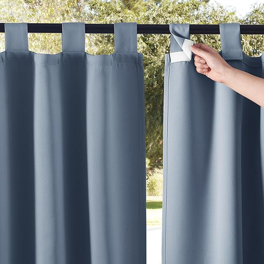NICETOWN 2 Panels Self Stick Tab Top Outdoor Curtainss for Patio Waterproof, Indoor Outdoor Blinds Room Darkening Window Treatments Rain & Sun Blocking Drapes for Pool, W52 x L108, Stone Blue