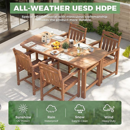 5-Piece Outdoor Dining Furniture Set with Chairs, All-Weather HDPE Patio Table and 4 Chairs, Umbrella Hole, for Garden Backyard or Deck - Teak