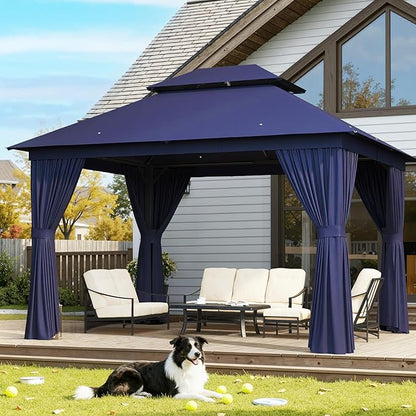 AOXUN Outdoor Gazebo for Patio 10x12 Metal Frame Canopy with Double Roofs Heavy Duty Party Tent and Shelter with Mosquito Netting and Privacy Screen for Backyard, Lawn, Garden, Deck (Navy Blue)