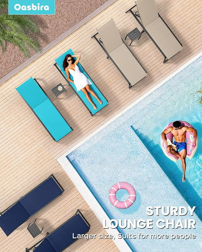 Aluminum Pool Lounge Chairs Set of 2 with 1 Side Table, Foldable Outdoor Chaise Lounge 5-Position Lounge Chirs for Outside Poolside, Fully Grounded Legs Sun Lounger for Beach, Yard, Dark Grey