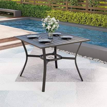 MELLCOM 37''x37'' Outdoor Dining Table for 4, E-Coating Metal Patio Dining Table with 1.57'' Umbrella Hole, All-Weather Black Square Table for Porch, Garden, Backyard, Poolside