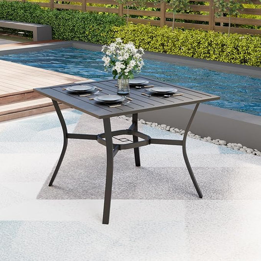 MELLCOM 37''x37'' Outdoor Dining Table for 4, E-Coating Metal Patio Dining Table with 1.57'' Umbrella Hole, All-Weather Black Square Table for Porch, Garden, Backyard, Poolside