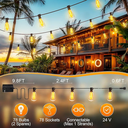 Outdoor String Led Patio Lights - 200Ft 60M Outside Waterproof Light ST38 Shatterproof Bulb Connectable Hanging Outdoor Electric Lighting for Backyard Yard Gazebo Porch Party