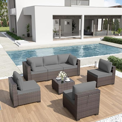 ALAULM Patio Furniture Set with Coffee Table, 7 Pieces Outdoor Sectional with Wide Seat and Thick Cushion, All Weather Wicker Rattan Conversation Set for Backyard, Garden, Deck, Grey