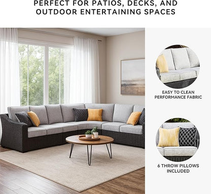 Signature Design by Ashley Beachcroft Curved Modern 4-Piece Outdoor Sectional with Cushion and 6 Throw Pillows, Light Gray