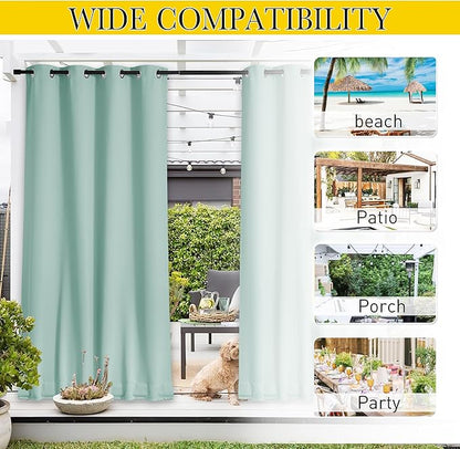 NICETOWN 2 Panels Waterproof Outdoor Curtains Fixed Grommet & Back Tab on Top & Bottom, Thermal Insulated Keep Rain & Sun Out Privacy Windproof Outdoor Draperies with Rope, W52 x L72, Aqua Blue