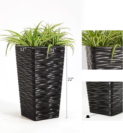 Worth Garden 2-Pack Black Tall Planter - Plastic Square Tapered Tree Plant Pots with Drainage Hole for Indoor Outdoor - 22" H Modern Wavy Finish Decorative Flower Pots for Front Porch Patio Deck