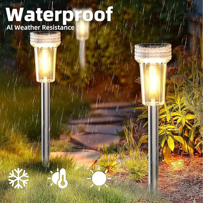 DERAYSION 12 Pack Solar Pathway Lights Outdoor, Auto Dusk-to-Dawn Landscape Garden Lighting, Waterproof Stainless Steel Pole Lighting for Path, Yard, Walkway, Garden, Driveway