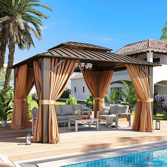 Aoxun 10x12 Gazebo Outdoor Hardtop Gazebo with Double Galvanized Steel Roof Metal Frame Pavilion with Breathable Netting and Privacy Curtain for Backyard (Brown)
