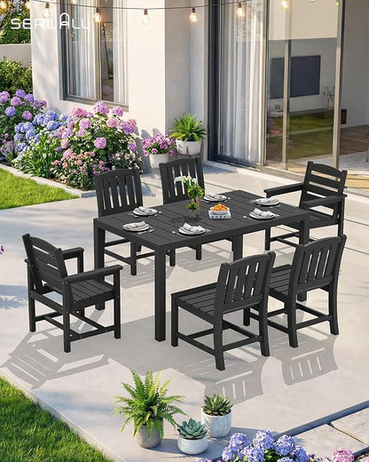 SERWALL 9-Piece Outdoor Dining Set, 60" - 83" Expandable Outdoor Dining Table and 8 HDPE Chairs, All Weather HDPE Outdoor Furniture Set for Backyard, Garden, Black