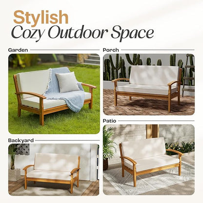 IDZO Laurent 800lbs Capacity Acacia Outdoor Loveseat, FSC Certified 2 Seater Patio Sofa with 3.9in Thick Cushions, Teak Finish Porch Couch for Garden Backyard