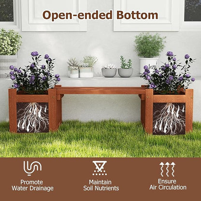 Giantex 2-in-1 Outdoor Bench with 2 Raised Garden Beds, Wood with Teak Oil Finish, Planter Boxes with Open-Ended Base, Garden Bench Seat for Porch Balcony Lawn Yard, DIY Assembly, 42"x11"x11.5"