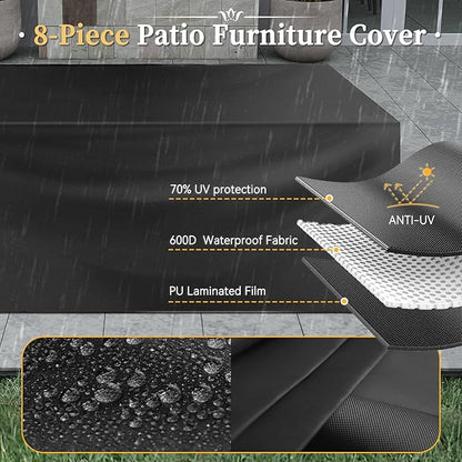 Aoxun 8 Piece Patio Furniture Set with 44” Fire Pit Table Wicker Rattan Outdoor Sectional Sofa Set with Coffee Table and Thickened Cushions, Gray (Waterproof Cover Included)