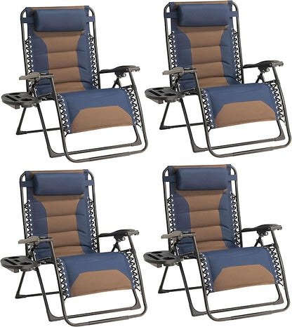 Zero Gravity Chair Set of 4 Oversized Padded Recliner with Adjustable Headrest & Cup Holder - 600D Oxford Folding Lounge Chair for Outdoor Camping, Patio, Poolside (Brown & Blue)