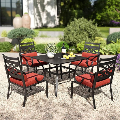 PHI VILLA 5 Pieces Outdoor Dining Set for 4, 37" Square Metal Table with Umbrella Hole & Wrought Iron Chairs, All Weather Large Outside Furniture with Red Cushions & Pillows for Patio, Deck, Porch