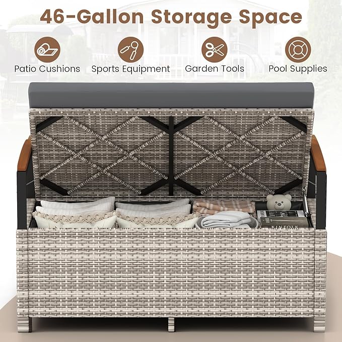 Outdoor Storage Bench with 46-Gallon Capacity and Grey PE Rattan Frame