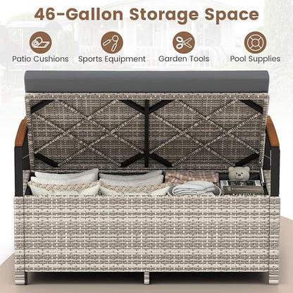 Outdoor Storage Bench with 46-Gallon Capacity and Grey PE Rattan Frame