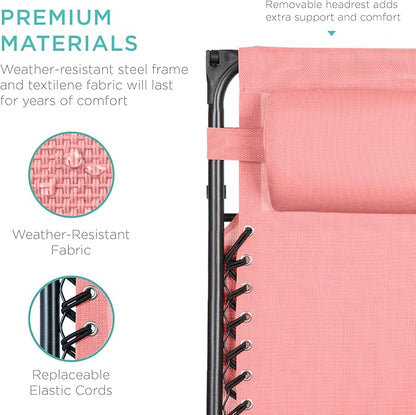 Best Choice Products Folding Zero Gravity Outdoor Recliner Patio Lounge Chair w/Adjustable Canopy Shade, Headrest, Side Accessory Tray, Textilene Mesh - Pink