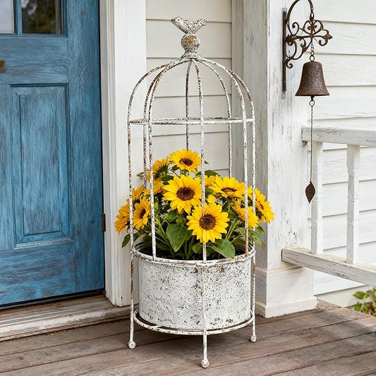 Planter Metal Birdcage Stand in White, 21.7 Inches Tall