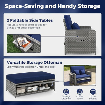 HAPPYGRILL Patio Rattan Wicker Daybed with Loveseat & Storage Ottoman, Outdoor Lounge Sofa Furniture Set with Adjustable Backrest & Side Trays, for Poolside Deck Porch Lawn (Mix Grey & Navy)