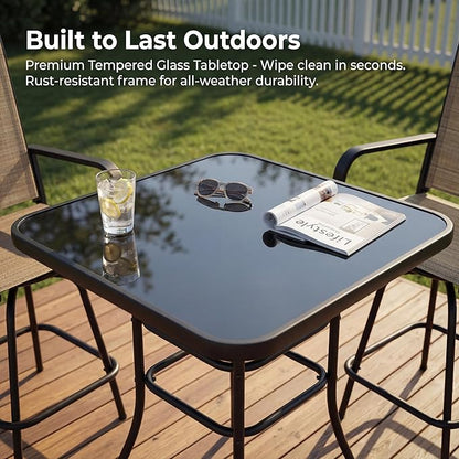 Homall 3 Piece Outdoor Patio Swivel Bar Stools Set, High Top Table with 2 Textilene Fabric Chairs, Counter Height Bistro Furniture for Balcony, Backyard, Poolside, Brown