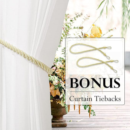 RYB HOME Sheer Curtains for Patio Outdoor, Linen Textured White Panel Grommet Top Waterproof Light Diffused Drapes for Porch Gazebo Deck, 2 Pieces with Tieback Ropes, W52 x L 96 inches