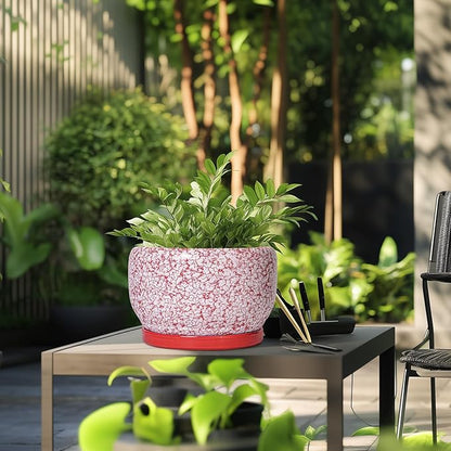 SQOWL Ceramic Planters for Indoor Plants - 10 Inch Flower Pots with Drainage Hole and Saucer, Decorative Ceramic Plant Pots, Round Large Planter Outdoor, Room Decor, Housewarming Gifts, Red and White