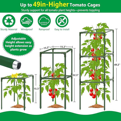 3 Set Square Tomato Cages with 18 Gallon Grow Bags, 49'' Tall Heavy Duty Steel Tomato Trellis Kit for Garden, Plant Support Tower Stakes Cucumber Pepper Trellis for Climbing Vegetable Flowers