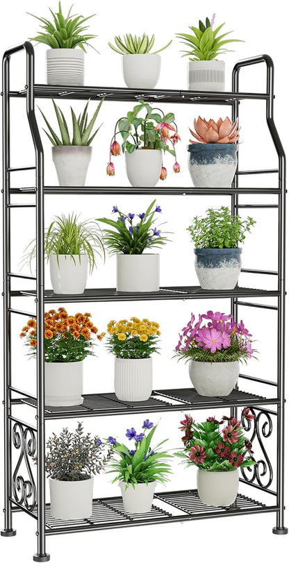 GIOTORENT Plant Stand Outdoor Indoor 5 Tier Metal Waterproof - 53.2" Plant Shelf for Patio, Balcony, Living Room, Large Capacity Tiered Plant Rack, Black